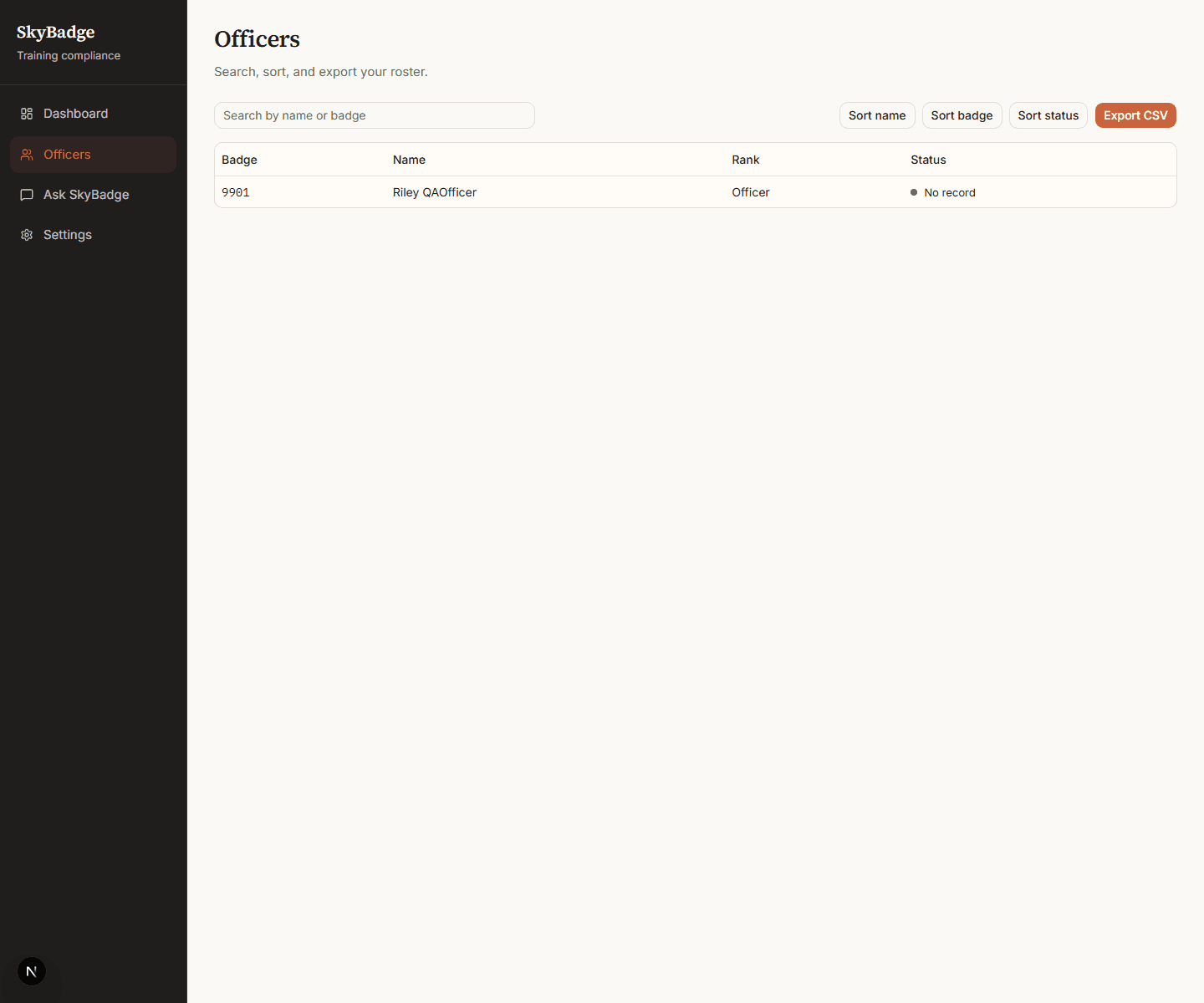 SkyBadge officer view showing one officer's own certifications and training history with status labels